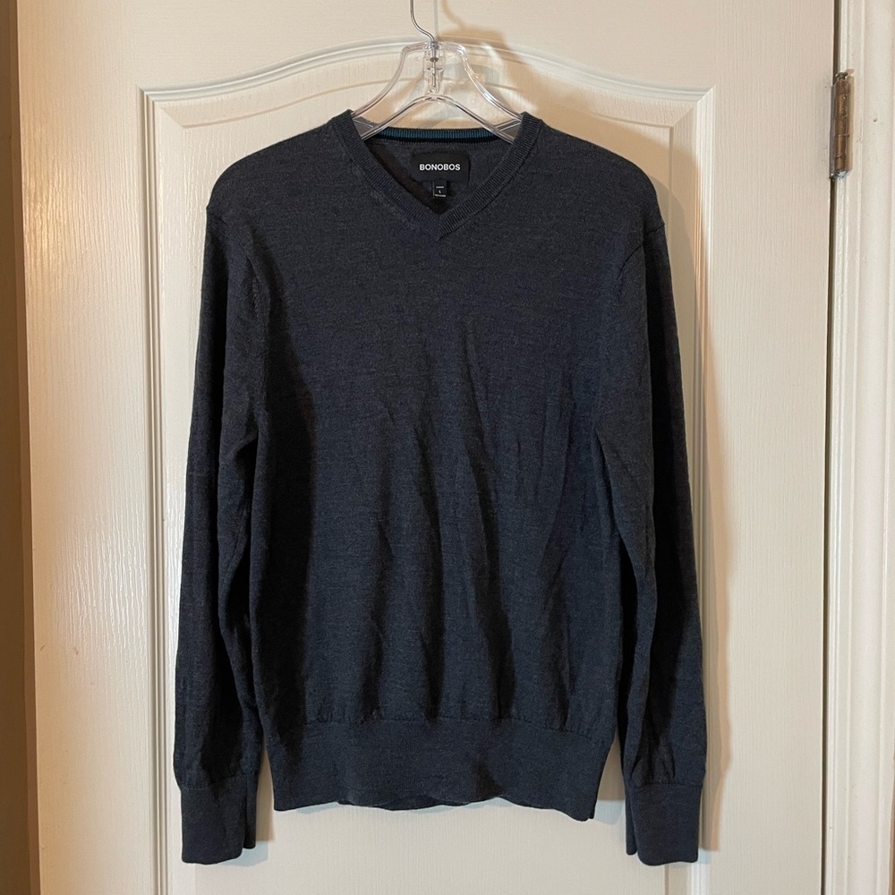Bonobos Extra Fine Merino Wool Lightweight Sweater Men’s Standard L Gray V-Neck